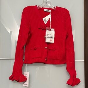 Self-Portrait Vibrant Red Cardigan with Bow Accents